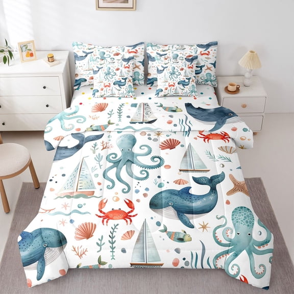 Homewish Cartoon Whale Octupus Twin Bedding Sets 7-Piece for Kids, Kawaii Marine Sealife Bedding Comforter Set, Cute Funny Crab Reversible Sheet Sets, Breathable Home Decor