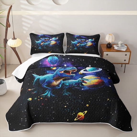 Homewish Cartoon Wildlife Dino Quilt King,Space Planets Stars King Coverlet Set,Black,3-Piece