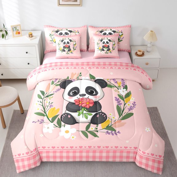 Homewish Cartoon Wildlife Panda Bedding Comforter Set 7-Piece, Rustic Flower Botanical King Bedding Sets, Teens Kids Boys Girls Reversible Bed Sheets, Ultra Soft Bedroom Decor