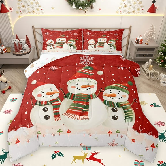 Homewish Cartoon Winter Snowman Queen Comforter Set for Kids, Christmas Snowflake Bedding Sets, Happy New Year Reversible Bedding Comforter Set, Ultra Soft Bedroom Decor, 3-Piece