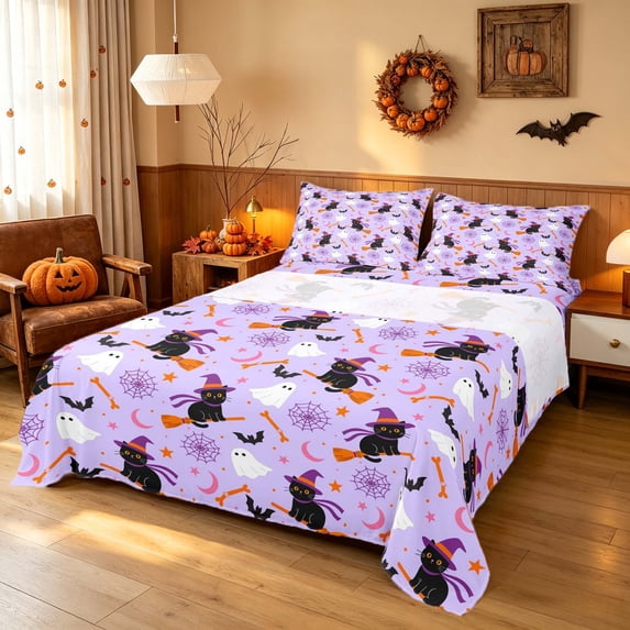 Homewish Cartoon Witch Cat Bed Sheets for Girls, Halloween Spooky Animal Full Size Sheets, Soft Purple, 4pcs (1 Flat Sheet, 1 Fitted Sheet and 2 Pillowcases)