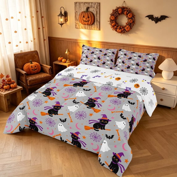 Homewish Cartoon Witch Cat Full Size Comforter Sets for Girls, Halloween Spooky Animal Bedding Comforter Set, Light Gray, Pumpkin Bat Reversible, 3 Pieces 1 Comforter and 2 Pillowcases