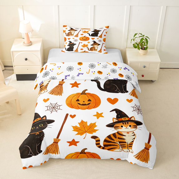 Homewish Cartoon Witch Cat Twin Duvet Cover for Kids, Orange Halloween Pumpkin Maple Leaf Twin Bedding, Halloween Reversible, 2-Piece, 1 Duvet Cover and 1 Pillowcase