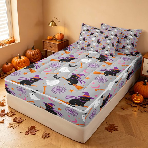 Homewish Cartoon Witch Cat Zipper Twin Comforter Sets with Fitted Sheet and 2 Pillowcases for Girls, Halloween Spooky Animal Zipper Bedding Set, Light Gray, Pumpkin Bat Reversible