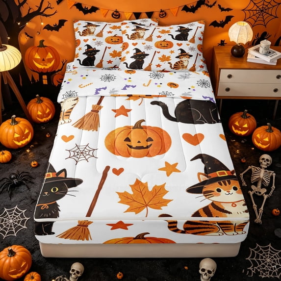 Homewish Cartoon Witch Cat Zipper Twin Comforter Sets with Fitted Sheet and 2 Pillowcases for Kids, Orange Halloween Pumpkin Maple Leaf Zipper Bedding Set, Halloween Reversible, 4-Piece
