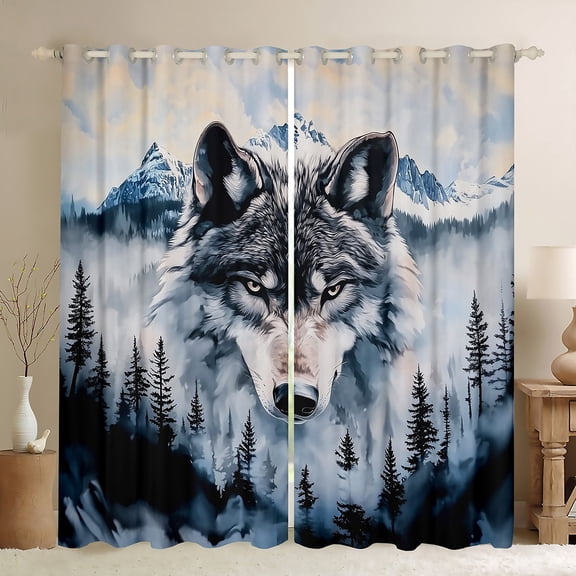Homewish Cartoon Wolf Animal Blackout Curtains Set of 2 (52x84 Each) for Boy, Snow Mountain Window Curtains, Rustic Farmhouse Theme Curtains and Drapes, Window Curtains Decor