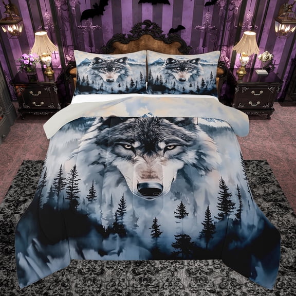Homewish Cartoon Wolf Animal Queen Comforter Set for Boy, Snow Mountain Bedding Sets, Rustic Farmhouse Theme Reversible Bedding Comforter Set, Super Cozy Room Decor, 3pcs