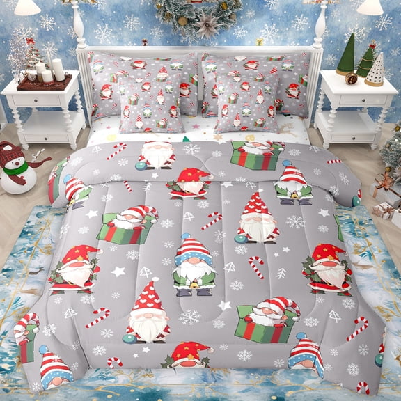 Homewish Cartoon Xmas Gnome 7-Piece Bedding Comforter Set,Merry Christmas King Bedding Sets,Kawaii Christmas Snowflake Bed Sheets For Boys Kids,Super Cozy Room Decor Reversible