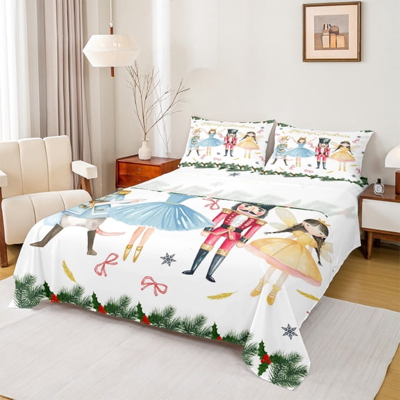 Homewish Cartoon Xmas Nutcracker Twin Sheet Sets for Kids, Princess Fairy Angel Twin Fitted Sheet, Christmas Plant Flat Sheet, Lightweight Room Decor, 3-Piece