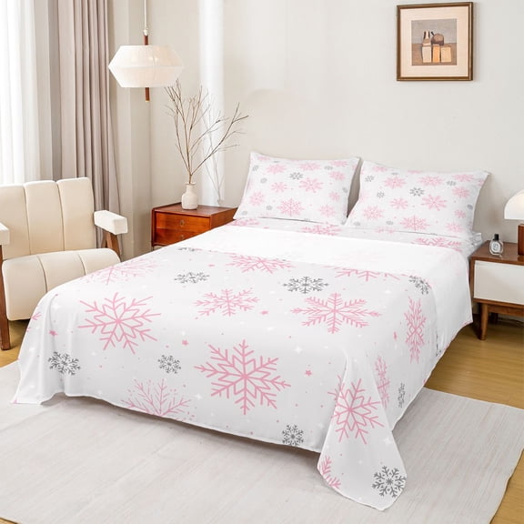 Homewish Cartoon Xmas Snowflake Queen Sheet Sets for Teens, Kawaii Princess Flat Sheet, Grey Pink Christmas Style Queen Fitted Sheet, Luxury Bedroom Decor, 4pcs