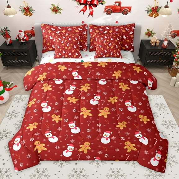 Homewish Cartoon Xmas Snowman 7-Piece Bedding Comforter Set,Sweet Christmas Cnady Cane King Bedding Sets,Red White Bed Sheets For Girls,Luxury Bedroom Decor Reversible