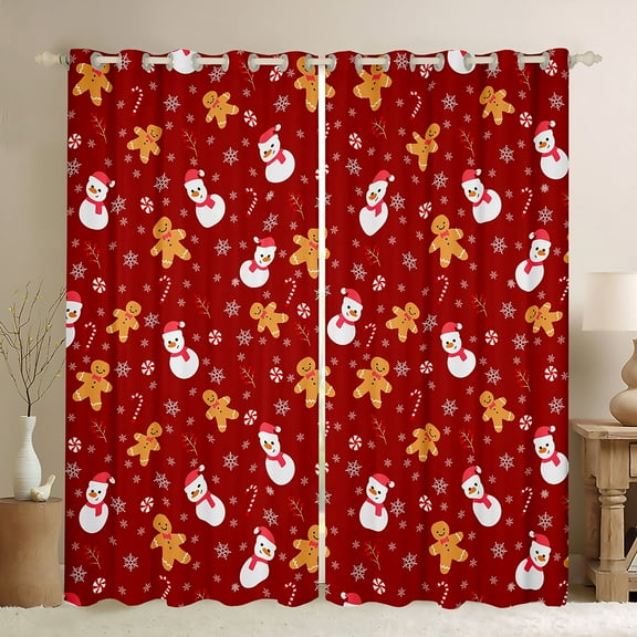 Homewish Cartoon Xmas Snowman Black Out Curtains,Sweet Christmas Cnady Cane Curtains Pack of 2 (42x63 Each),Red White Bedroom Curtains For Girls,Luxury Bedroom Decor
