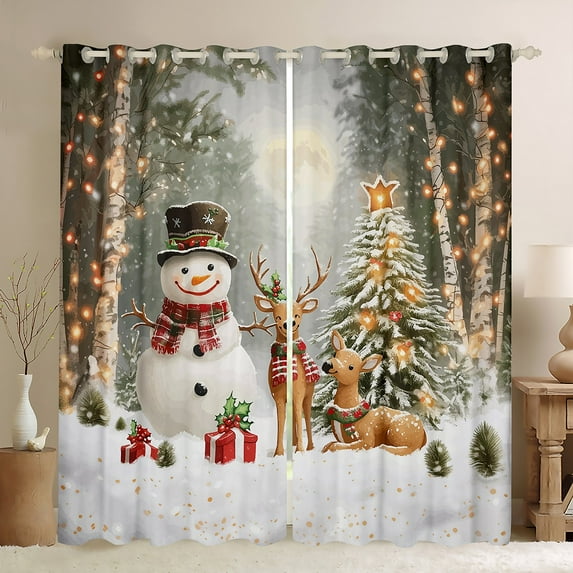 Homewish Cartoon Xmas Snowman Blackout Curtains Set of 2 (52x84 Each),Wild Christmas Reindeer Window Curtains,White Brown Green Curtains and Drapes For Kids,Super Cozy Room Decor