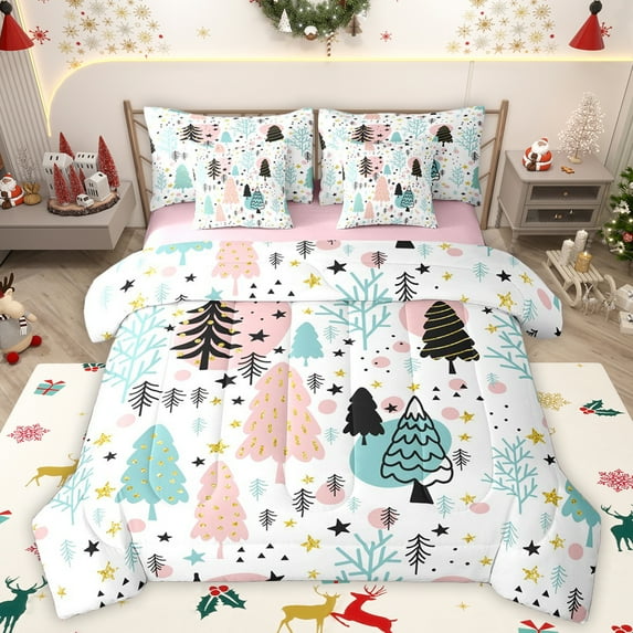 Homewish Cartoon Xmas Tree 7-Piece Twin Bedding Sets,Colorful Stars Print Bedding Comforter Set,White Pink Green Sheet Sets For Girls Kids,Super Cozy Room Decor Reversible
