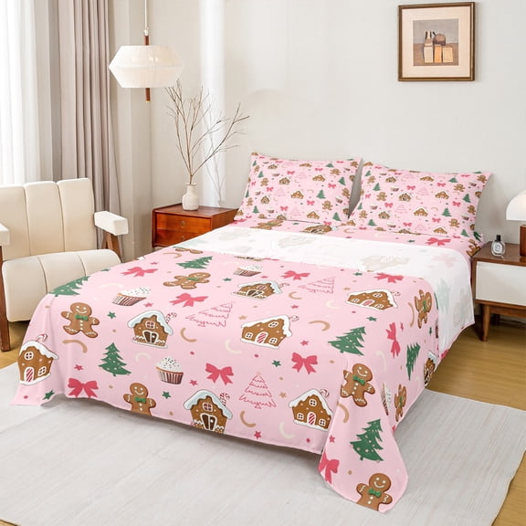 Homewish Cartoon Xmas Tree Bed Sheets for Kids, Pink Princess Bowknot King Sheets, Merry Christmas Sheet Set, Super Cozy Room Decor, 4pcs