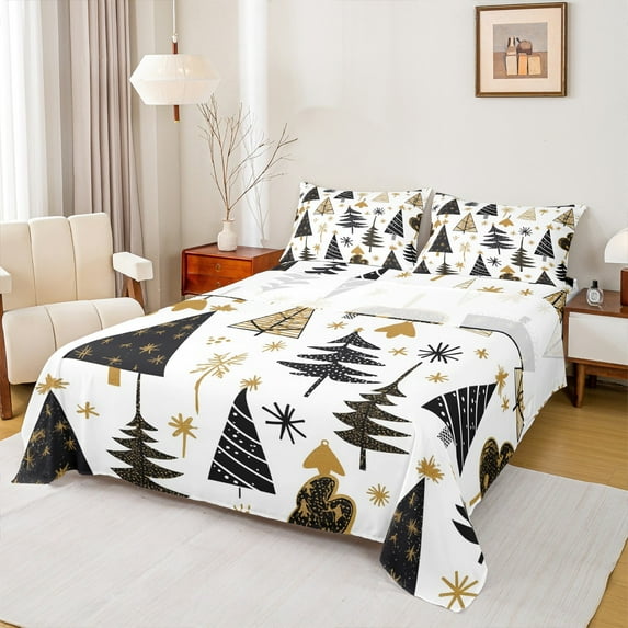 Homewish Cartoon Xmas Tree Bed Sheets for Kids, Stripes Abstract King Sheets, Winter Christmas Theme Sheet Set, Luxury Bedroom Decor, 4-Piece