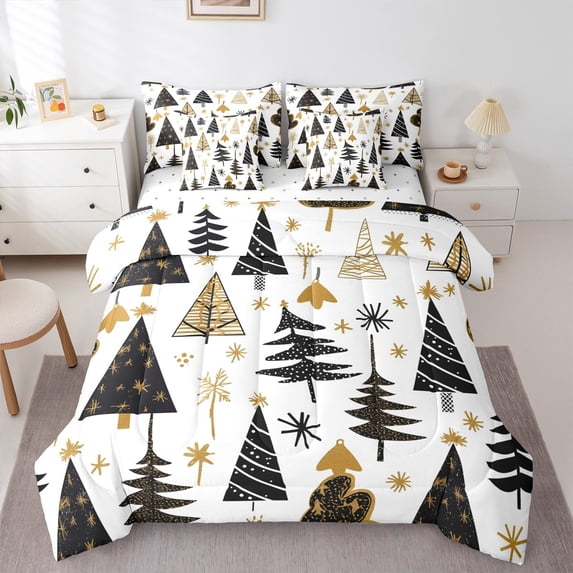 Homewish Cartoon Xmas Tree Twin Bedding Sets 7-Piece for Kids, Stripes Abstract Bedding Comforter Set, Winter Christmas Theme Reversible Sheet Sets, Luxury Bedroom Decor
