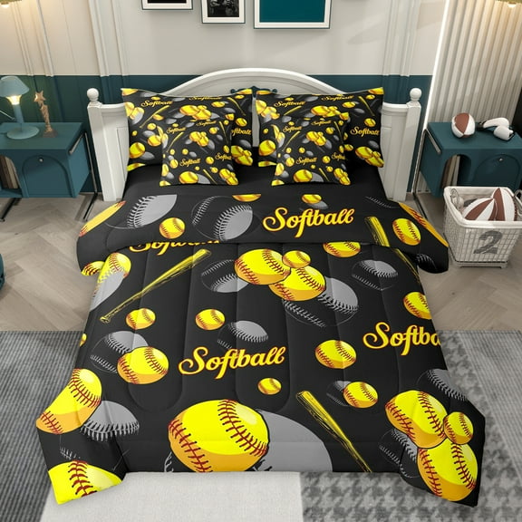Homewish Cartoon Yellow Baseball Bedding Comforter Set 7pcs, Softball Sport Lover King Bedding Sets, Teens Kids Boys Girls Reversible Bed Sheets, Microfiber Bedroom Decor