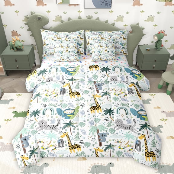 Homewish Cartoon Zoo Animal Bedding Comforter Set 7pcs, Kawaii Cat Giraffe Koala King Bedding Sets, Palm Leaf Plant Reversible Bed Sheets, Ultra Soft Bedroom Decor