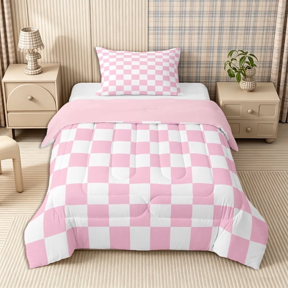 Homewish Casual Checkerboard Twin Comforter Sets 2pcs for Girls, Vintage Plaid Bedding Set, Blush Pink,Pink Reversible,1 Comforter and 1 Pillowcase