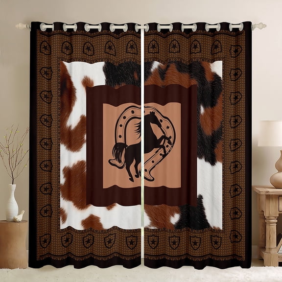 Homewish Cattle Hide Black Out Curtains,Rustic Horseshoe Curtains Pack of 2 (42x63 Each),Western Cowboy Bedroom Curtains For Teens,Super Cozy Room Decor