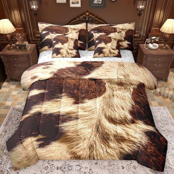 Homewish Cattle Hide Pattern 7pcs Bedding Comforter Set,Western Rustic Farmhouse Queen Bedding Sets,Brown Beige Queen Sheet Sets For Adult,Super Cozy Room Decor