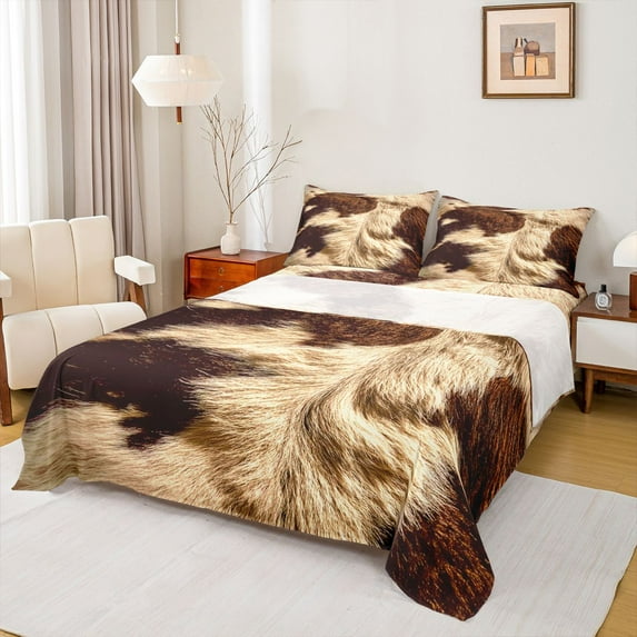 Homewish Cattle Hide Pattern Full Size Sheets,Western Rustic Farmhouse Bed Sheets,Brown Beige Sheet Sets For Adult,Super Cozy Room Decor,4pcs