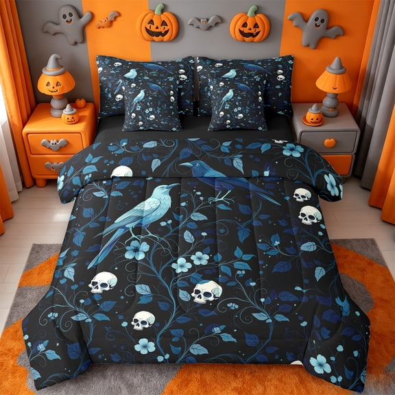 Homewish Celestial Halloween Raven Skull 7-Piece Twin Bedding,Flower Branch Print Bedding Comforter Set,Sapphire Black,Black Reversible