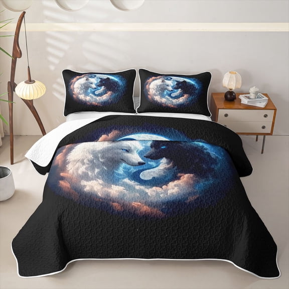 Homewish Celestial Yin Yang Wolf Print Twin Quilt Set,Moon Cloud Twin Coverlet Set For Men And Women,2 Pieces