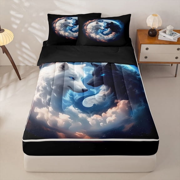 Homewish Celestial Yin Yang Wolf Print Zipper Twin Comforter Sets with Fitted Sheet and 2 Pillowcases,Moon Cloud Zipper Bedding Set For Men And Women,Reversible,4 Pieces