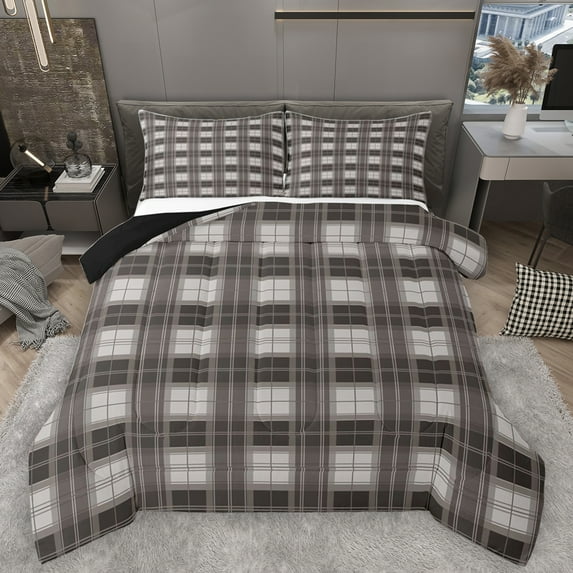 Homewish Check Geometric Queen Comforter Set,Modern Geometric Pattern Bedding Sets,Brown Gray Bedding Comforter Set For Boys Teens,Ultra Soft Home Decor Reversible,3 Pieces