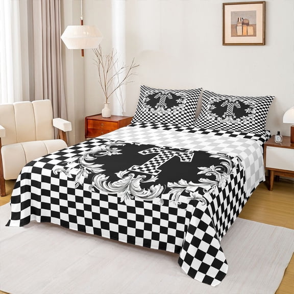 Homewish Checkered Monogrammed T Queen Sheet Sets, Fashion Buffalo Plaid Flat Sheet, Teens Kids Boys Girls Queen Fitted Sheet, Super Cozy Room Decor, 4-Piece