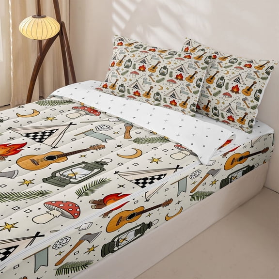 Homewish Checkered Tent Zipper Full Size Comforter Sets with Fitted Sheet and 2 Pillowcases, Guitar Lantern Zipper Bedding Set for Men and Women, Reversible, 4-Piece
