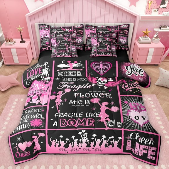 Homewish Cheer Life 7pcs Bedding Comforter Set,Gymnastics Dancing Lovers Queen Bedding Sets,Pink Glitter Print Queen Sheet Sets For Girls Boys,Microfiber Bedroom Decor Reversible