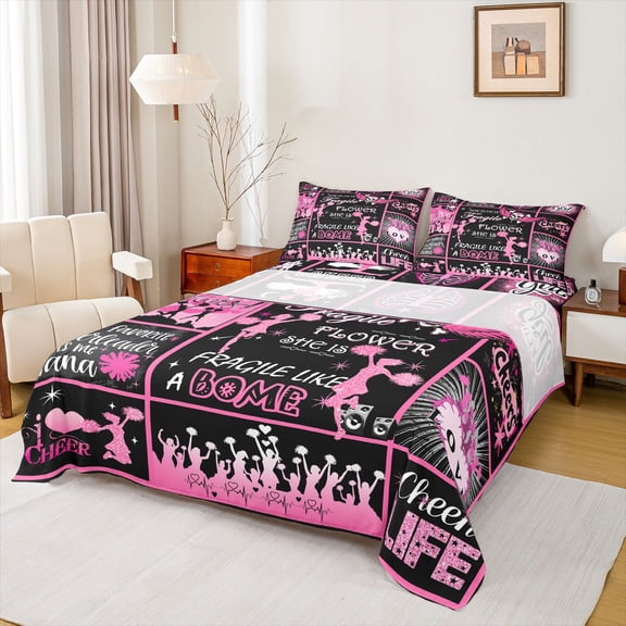 Homewish Cheer Life Bed Sheets,Gymnastics Dancing Lovers King Sheets,Pink Glitter Print Sheet Set For Girls Boys,Microfiber Bedroom Decor,4pcs