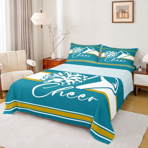 Homewish Cheer Team 4 Pieces Queen Sheet Sets For Teens Boys Girls,Girly Dreamy Dance Ultra Soft Flat Sheet,Geometric Stripes Queen Fitted Sheet,Lightweight Room Decor