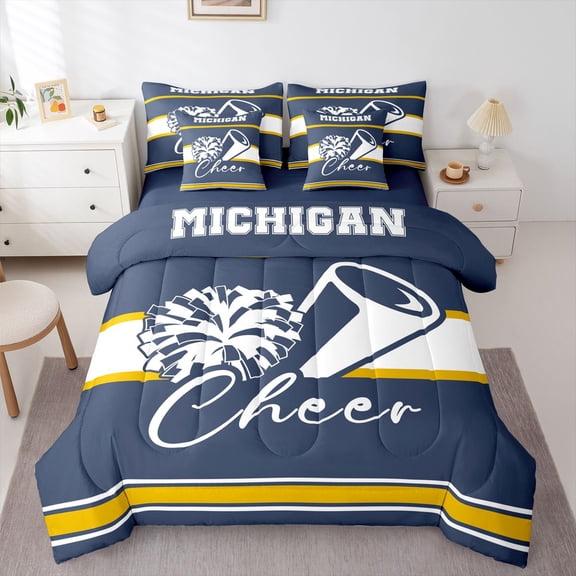 Homewish Cheer Team 7pcs Bedding Comforter Set for Teens Boys Girls,Girly Dreamy Dance Queen Bedding Sets Super Cozy,Geometric Stripes Queen Sheet Sets,Lightweight Room Decor,Reversible