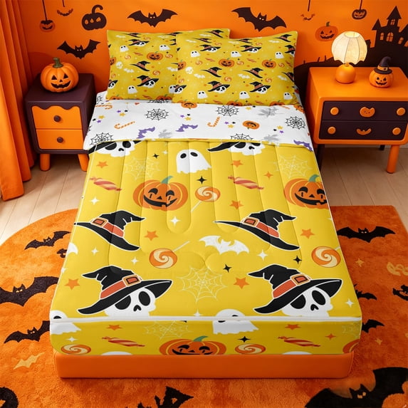Homewish Cheerful Halloween Style Zipper Queen Comforter Set with Fitted Sheet and 2 Pillowcases,Witch Hat Skull Pumpkin Candy Spider Pattern Zipper Bedding Set,Halloween Reversible,4 Pieces
