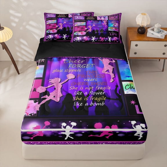 Homewish Cheerleading Zipper Twin Comforter Sets with Fitted Sheet and 2 Pillowcases,Girls Cheerleader Zipper Bedding Set,Black Reversible,4 Pieces