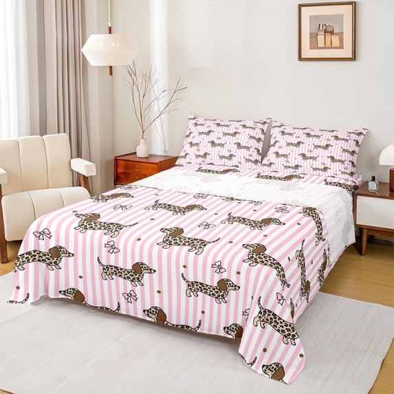 Homewish Cheetah Dachshund Pattern Queen Sheets,Pink White Stripes Queen Sheet Sets,Lovely Bow Decor,4-Piece,1 Flat Sheet, 1 Fitted Sheet and 2 Pillowcases