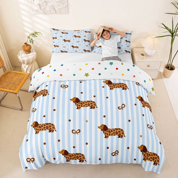 Homewish Cheetah Dachshund Printed Duvet Cover Queen,Blue White Striped Queen Bedding,Lovely Bow Decor,Polkadot Reversible,3-Piece,1 Duvet Cover and 2 Pillowcases