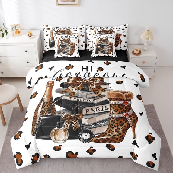 Homewish Cheetah High Perfume Bow 7-Piece Twin Bedding,Fashion Perfume Bedding Comforter Set,Brown,Black Reversible