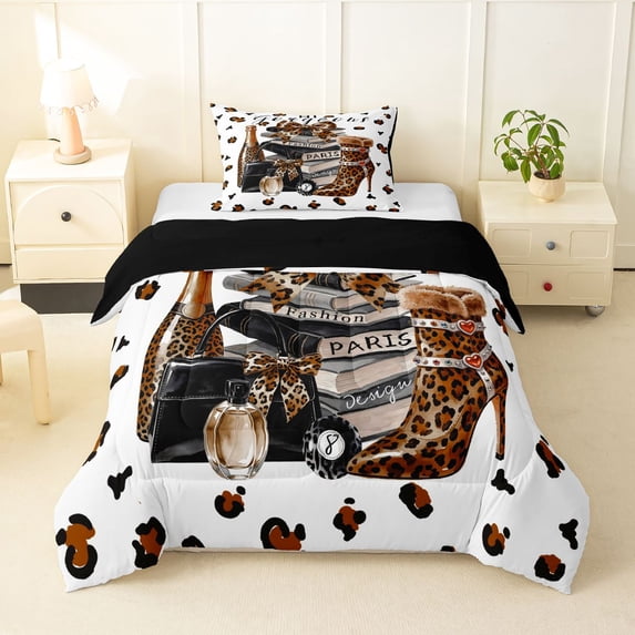Homewish Cheetah High Perfume Bow Twin Comforter Sets,Fashion Perfume Bedding Set,Brown,Black Reversible,2-Piece,1 Comforter and 1 Pillowcase