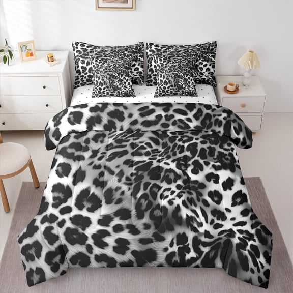 Homewish Cheetah Leopard Print 7-Piece Twin Bedding Sets for Female Men,Black White Bedding Comforter Set,Jungle Animal Breathable Sheet Sets,Ultra Soft Home Decor,Reversible