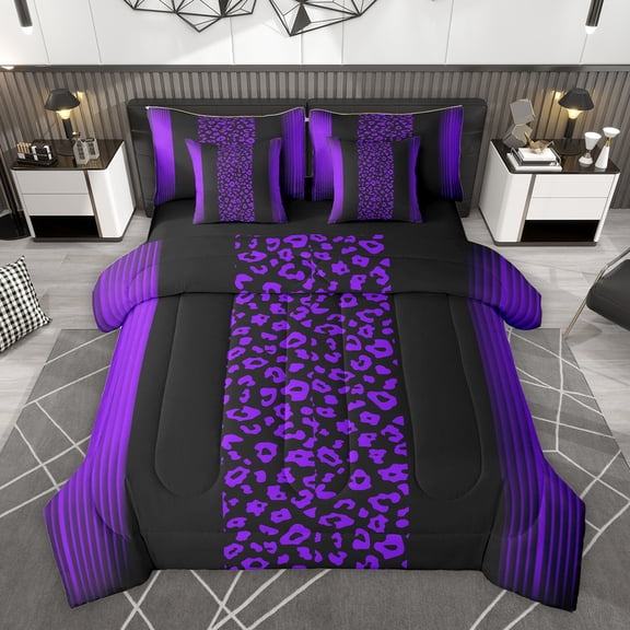 Homewish Cheetah Leopard Print Bedding Comforter Set 7 Pieces, Chic Cartoon Polkadot Full Bedding Set, Black Purple Stripes Ombre Reversible Fitted Sheet Flat Sheet, Microfiber Bedroom Decor