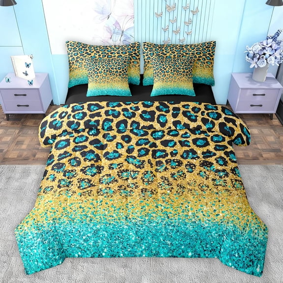 Homewish Cheetah Leopard Print Bedding Comforter Set 7pcs for Adult, Gold Cyan Queen Bedding Sets, Glitter Sequin Print Reversible Queen Sheet Sets, Lightweight Room Decor