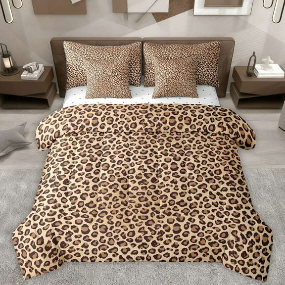 Homewish Cheetah Leopard Print Bedding Comforter Set 7pcs, Brown Stripes Lines King Bedding Sets, Modern Fashion Style Reversible Bed Sheets, Super Cozy Room Decor