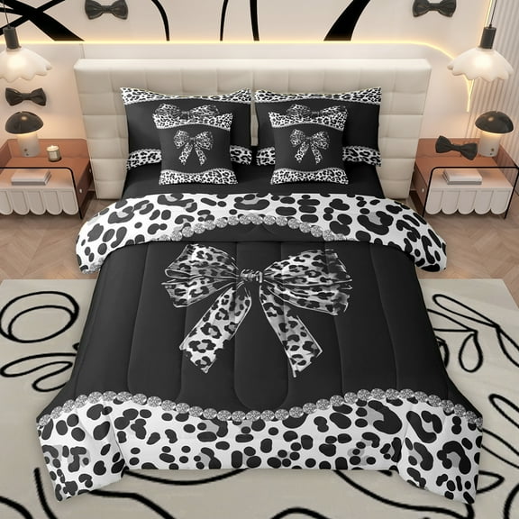 Homewish Cheetah Leopard Print Bedding Comforter Set 7pcs, Chic Black Grey Ribbon King Bedding Sets, Fashion Princess Style Reversible Bed Sheets, Microfiber Bedroom Decor