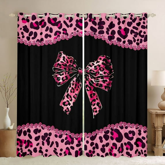 Homewish Cheetah Leopard Print Black Out Curtains, Chic Black Pink Ribbon Curtains Pack of 2 (42x63 Each), Fashion Princess Style Bedroom Curtains, Living Room Curtains Decor