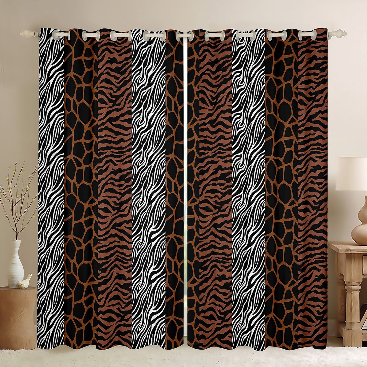 Homewish Cheetah Leopard Print Curtains Pack of 2 (42x84 Each), Brown Grey Fashion Stripes Curtains Blackout, Teens Adult men Women Bedroom Curtains, Living Room Curtains Decor